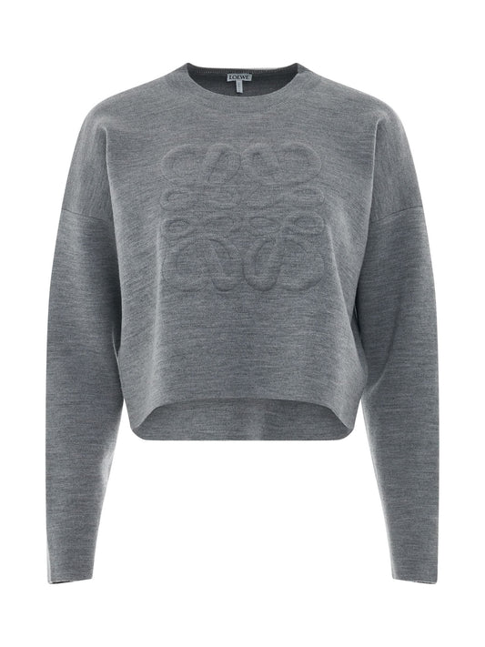 Image of a model wearing Outerwear. Productname: LOEWE Short Anagram Sweater in GREY colour by brand - LOEWE