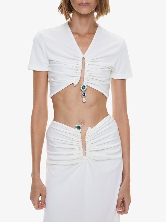CHRISTOPHER ESBER Droplet Crystal Pendant Ruched Tee (White)