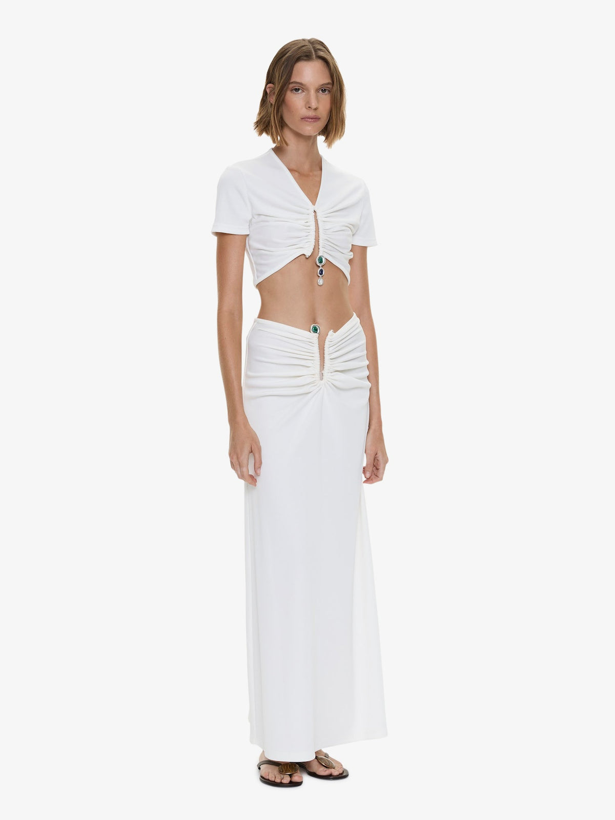 CHRISTOPHER ESBER Droplet Crystal Pendant Ruched Tee (White)