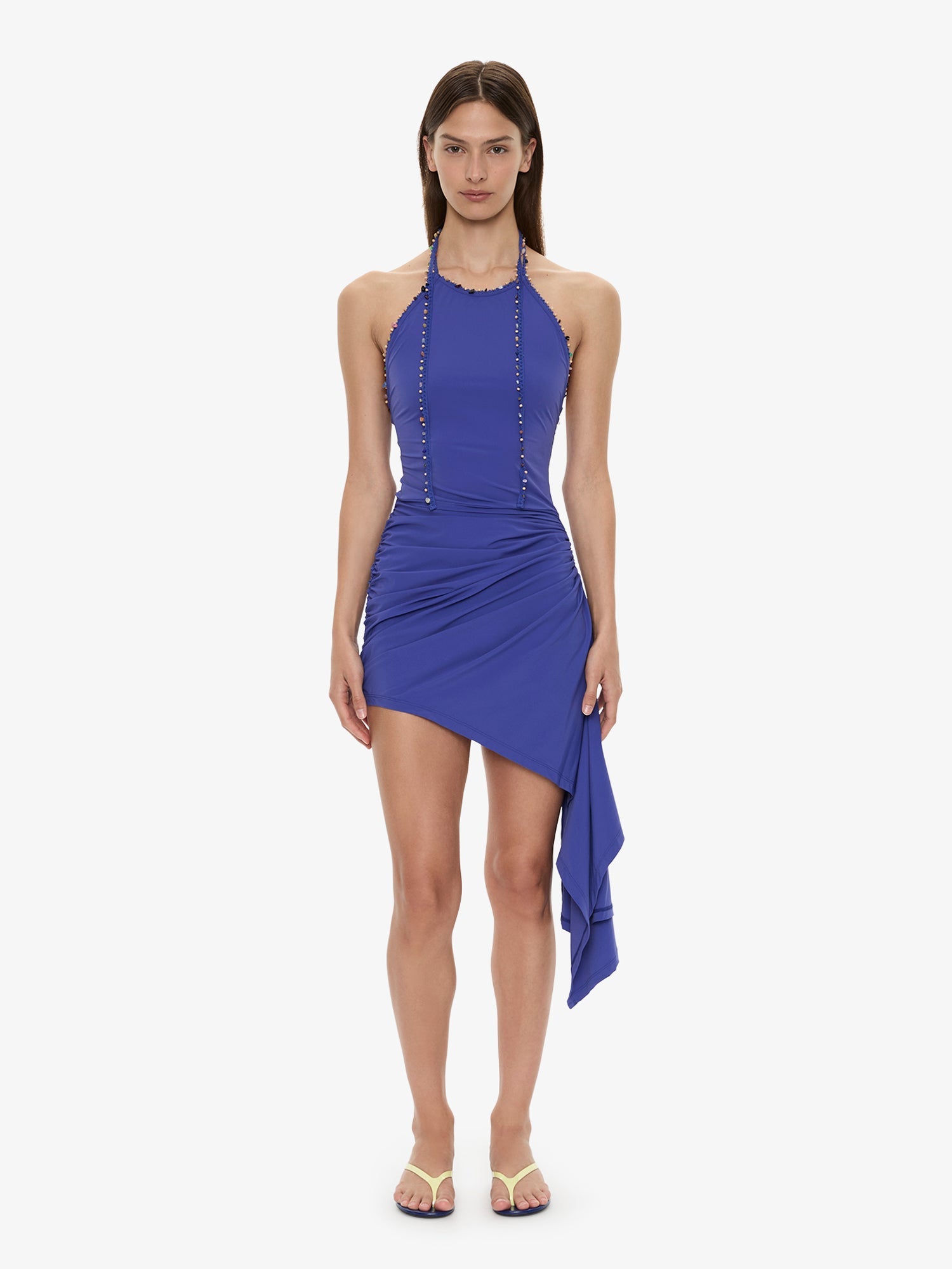 Image of Dresses. Product name - Beach Quartz Ruched Mini Dress in Indigo colour by brand - CHRISTOPHER ESBER