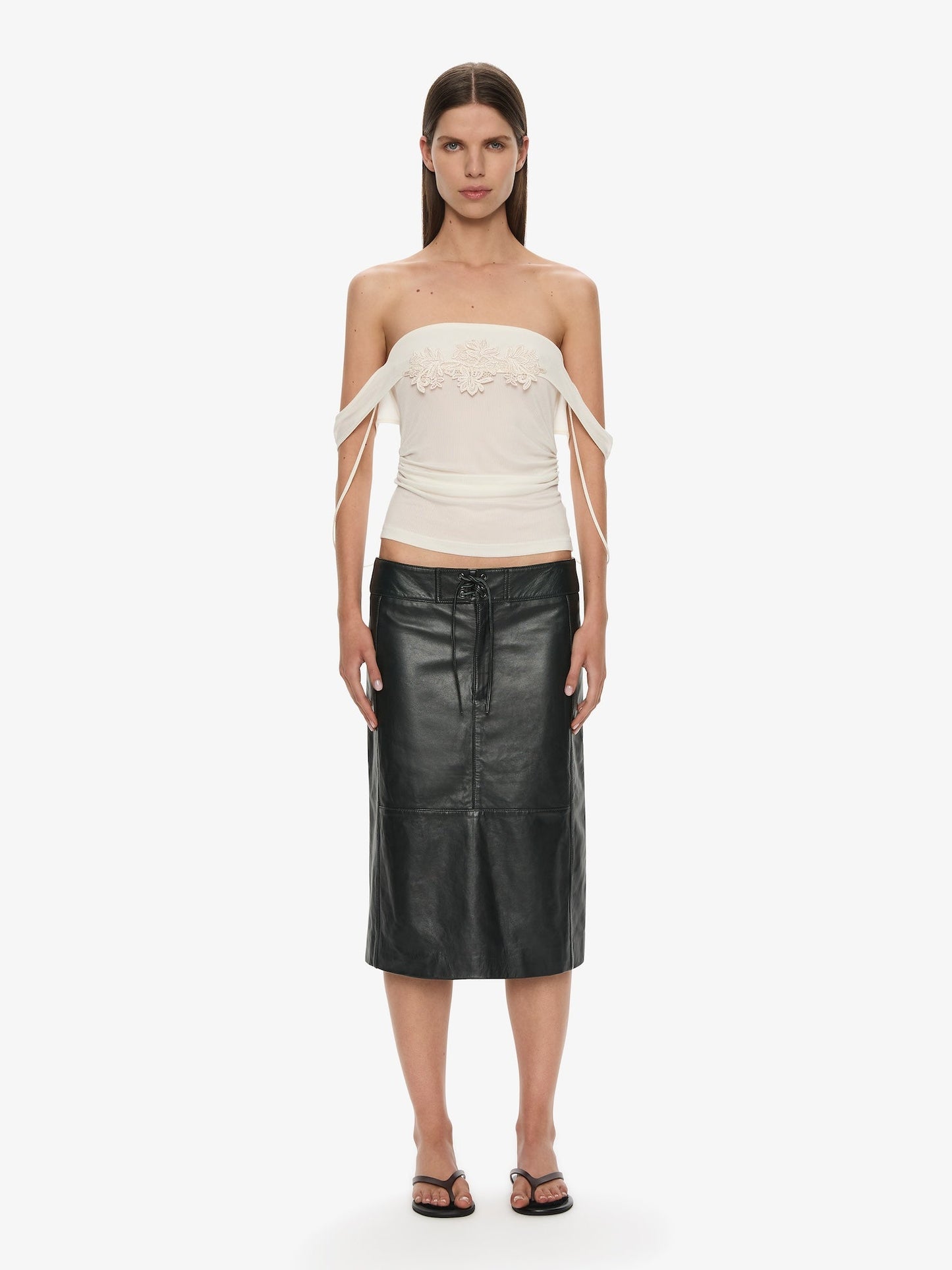 Image of a model wearing Skirts. Productname: Christopher Esber Eddie Leather Skirt in Skirt colour by brand - Christopher Esber