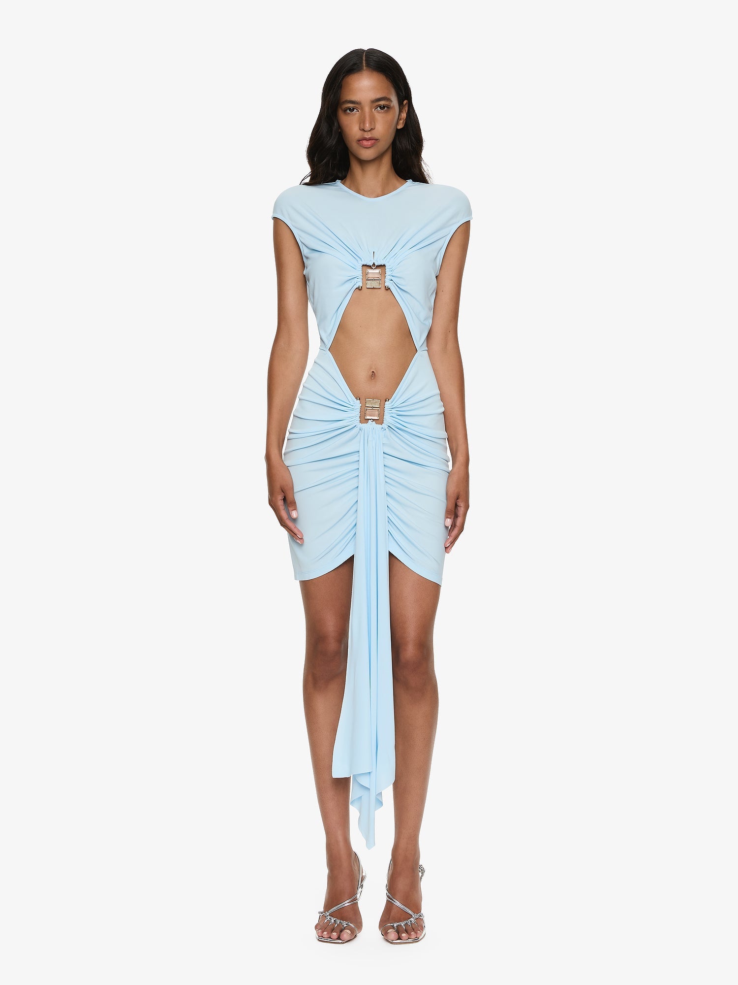 Image of Dresses. Productname: CHRISTOPHER ESBER Bezel Quartz Disconnect Short Sleeve Mini Dress in Blue colour by brand - CHRISTOPHER ESBER