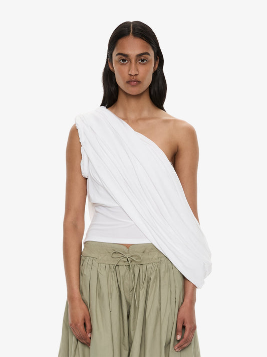 Image of a model wearing Tops. Product name - Aiba Draped Jersey Tee in White colour by brand - CHRISTOPHER ESBER