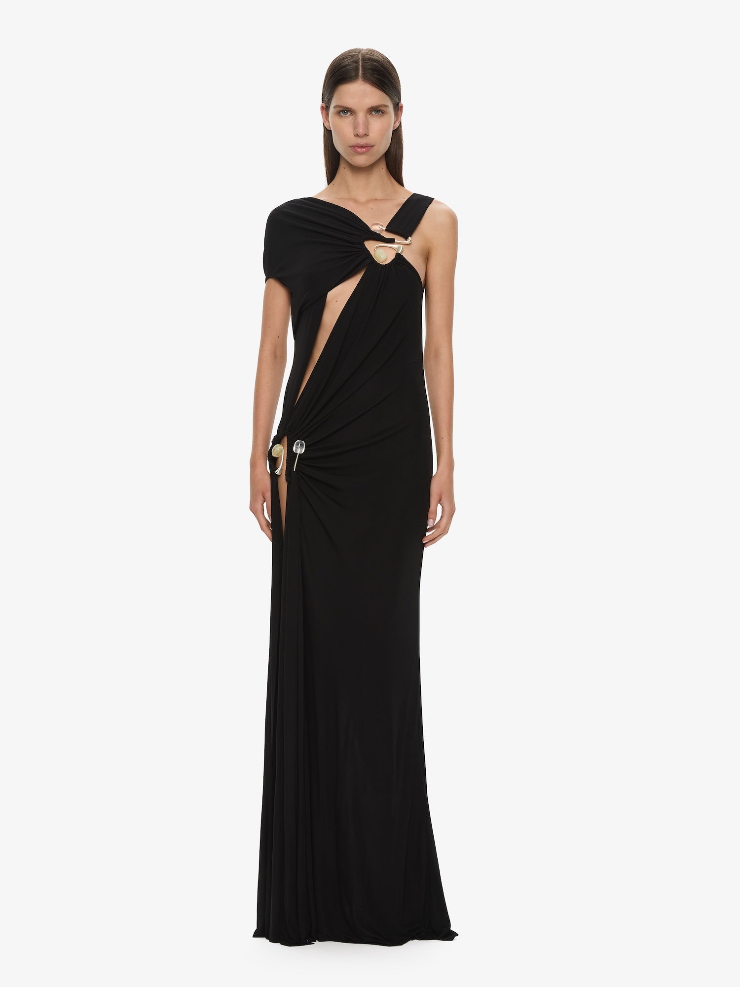 Image of Dresses. Productname: CHRISTOPHER ESBER Veer Spiral Crystal Draped Jersey Dress in Black colour by brand - CHRISTOPHER ESBER