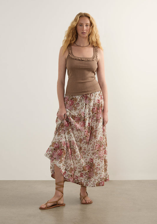 Image of a model wearing Skirts. Productname: Auguste The Label Zarae Maxi Skirt in Print colour by brand - Auguste The Label
