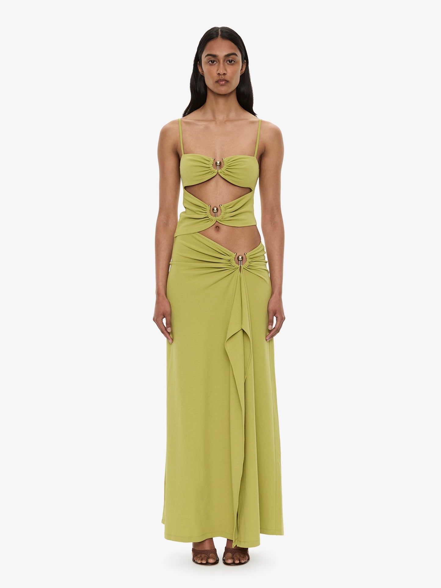 Image of Dresses. Product name - Orbit Ruched Disconnect Cascade Dress in Green colour by brand - CHRISTOPHER ESBER