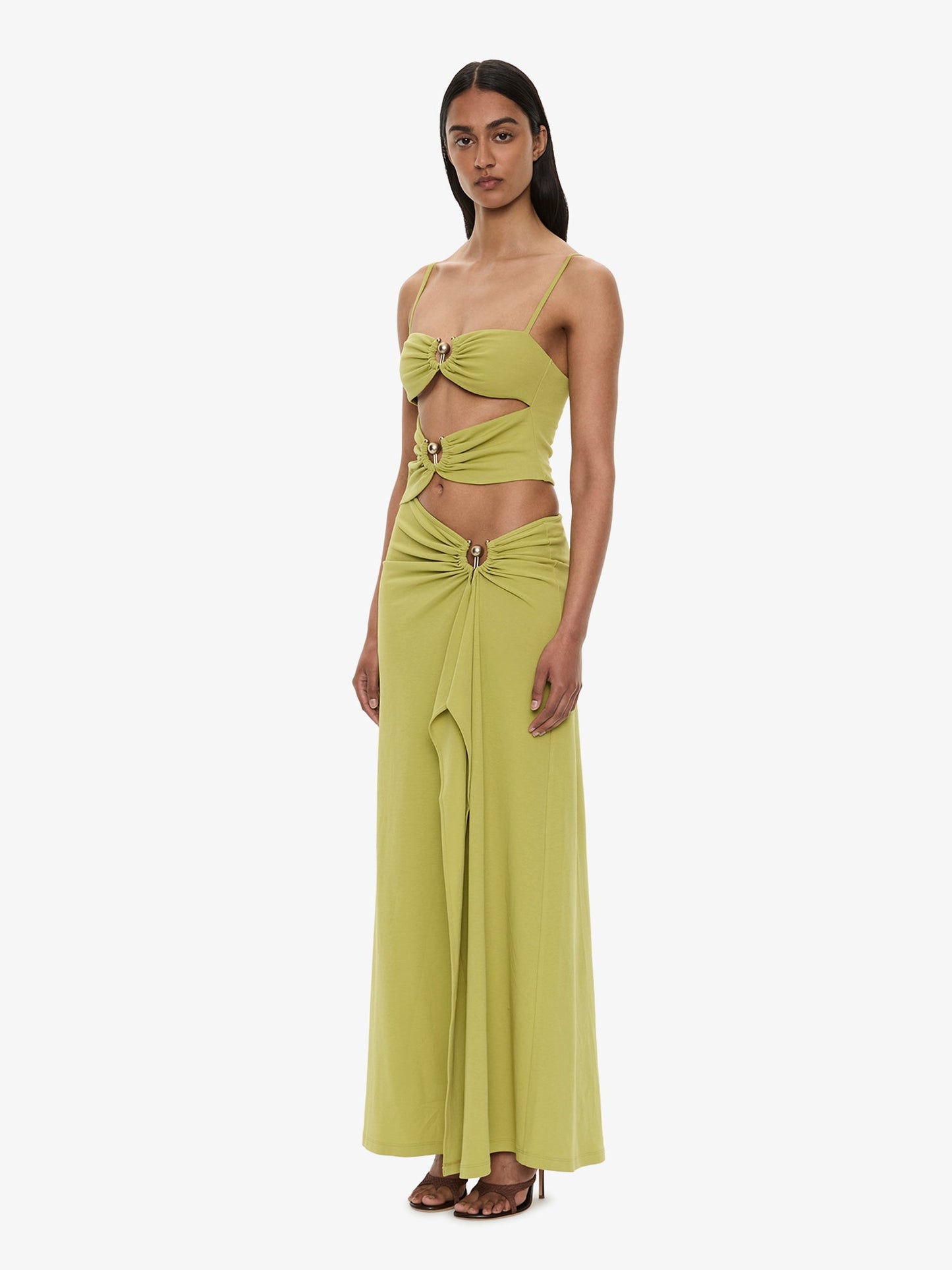 CHRISTOPHER ESBER Orbit Ruched Disconnect Cascade Dress (Green)