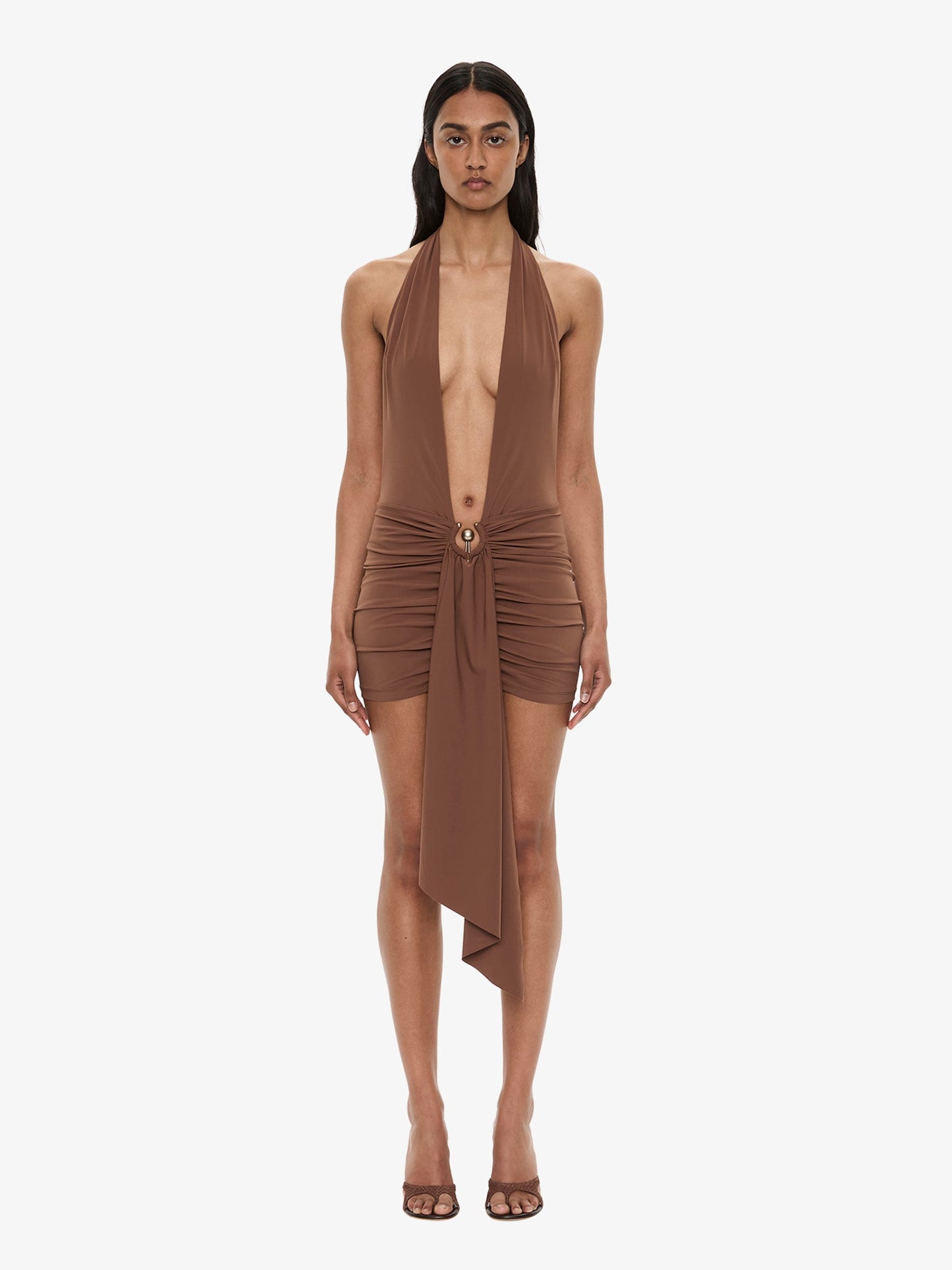 Image of Swimwear. Product name - Pierced Orbit Halter Drape Mini Dress in Brown colour by brand - CHRISTOPHER ESBER