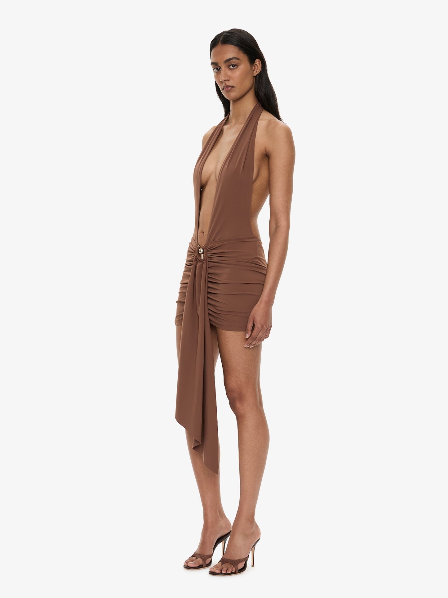 CHRISTOPHER ESBER Pierced Orbit Halter Drape Mini Dress (Brown)