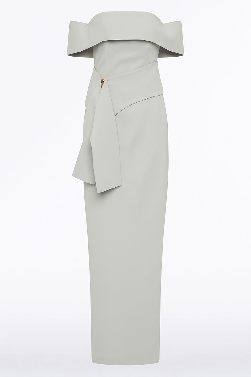 Carla Zampatti Crepe La Banda Off Shoulder Gown (Silver)