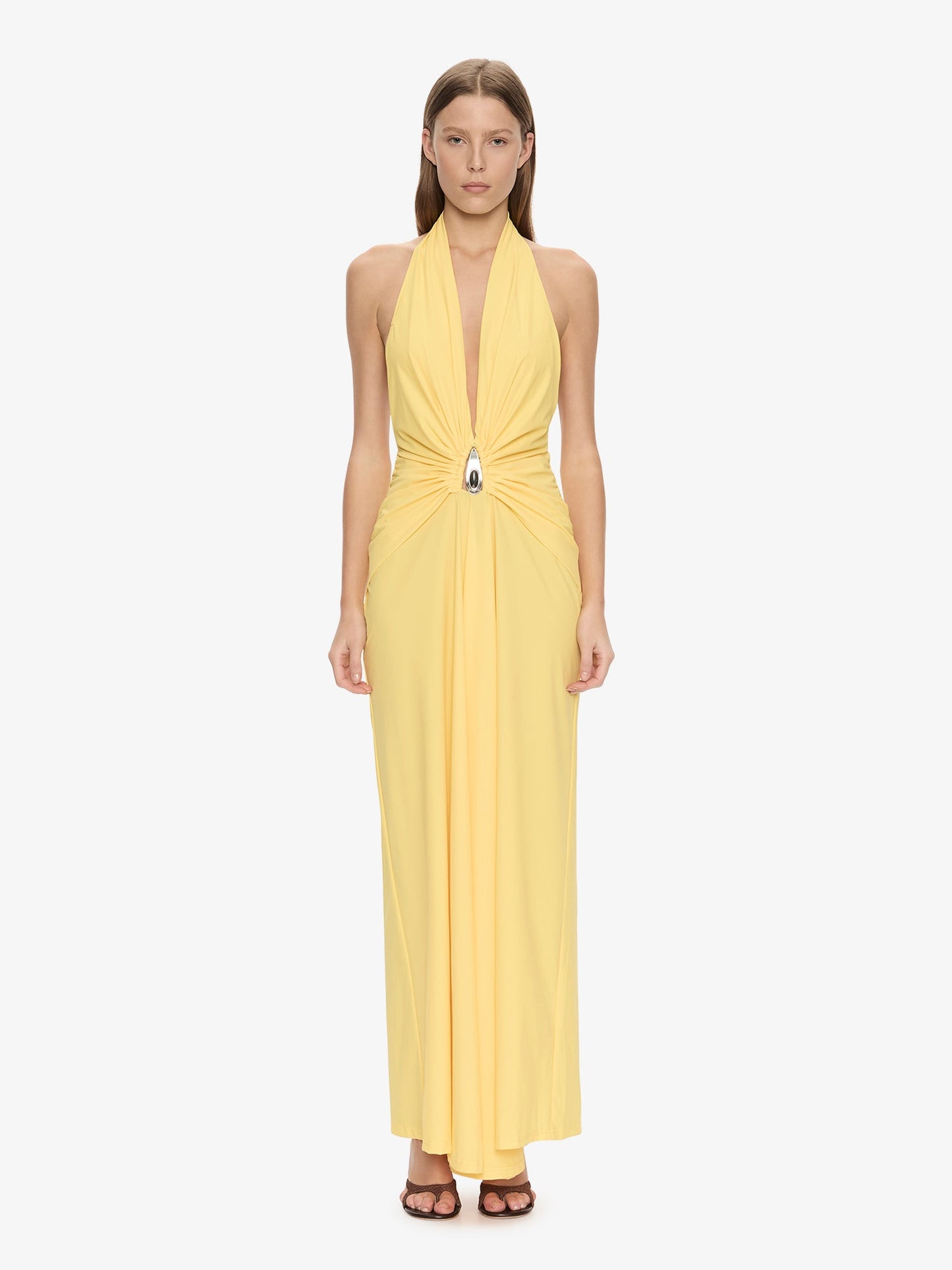 Image of Dresses. Product name - Crystal Pendant Ruched Lycra Halter Dress in Zest colour by brand - CHRISTOPHER ESBER