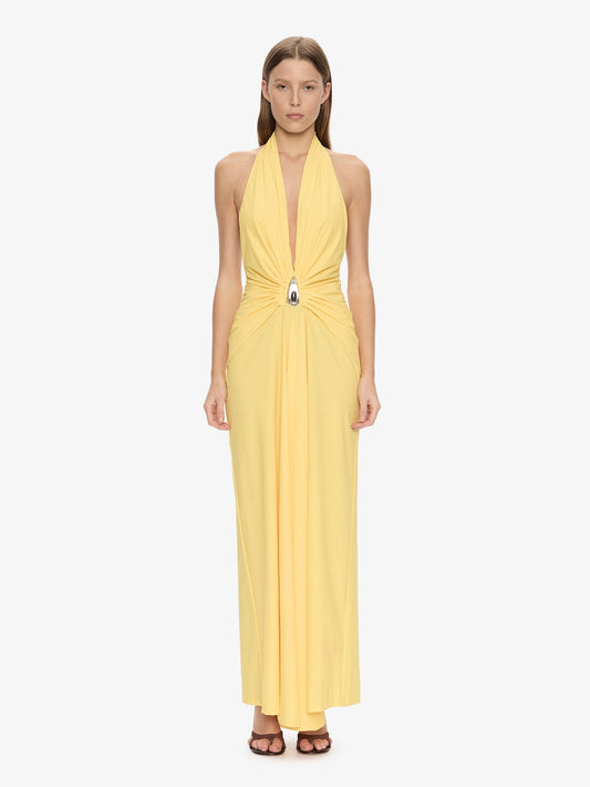 Image of Dresses. Product name - Crystal Pendant Ruched Lycra Halter Dress in Zest colour by brand - CHRISTOPHER ESBER