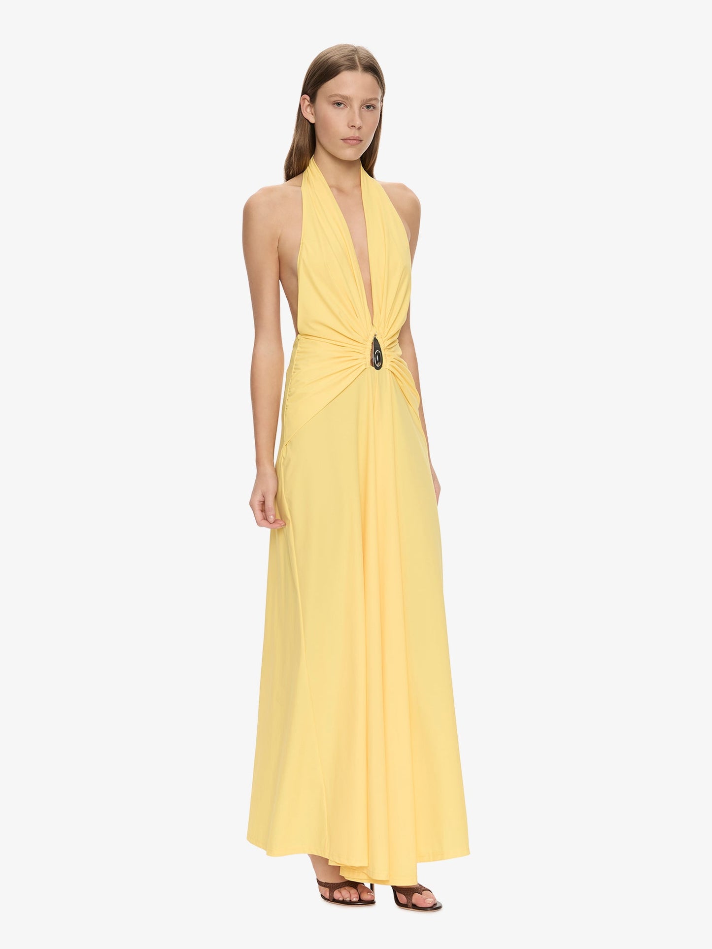 CHRISTOPHER ESBER Crystal Pendant Ruched Lycra Halter Dress (Zest)