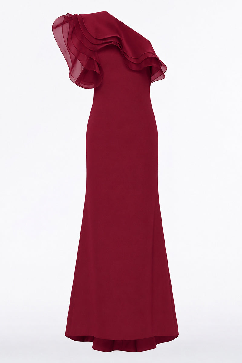 Carla Zampatti Cabernet Crepe One Shoulder Organza Ruffle Gown (Red)
