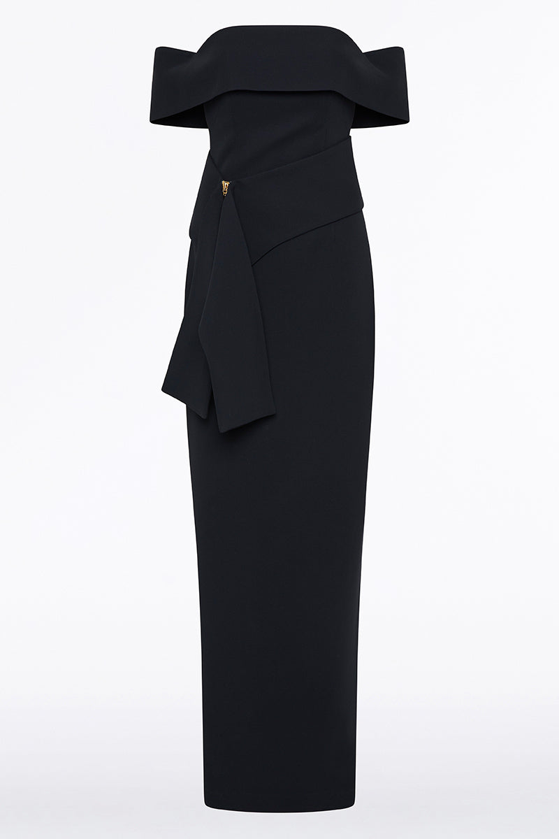 Carla Zampatti Ink Crepe La Banda Off Shoulder Gown (Cream)