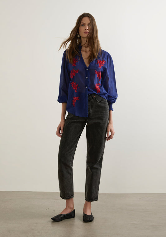 Image of a model wearing Tops. Productname: Auguste The Label Amalia Blouse in Blue colour by brand - Auguste The Label