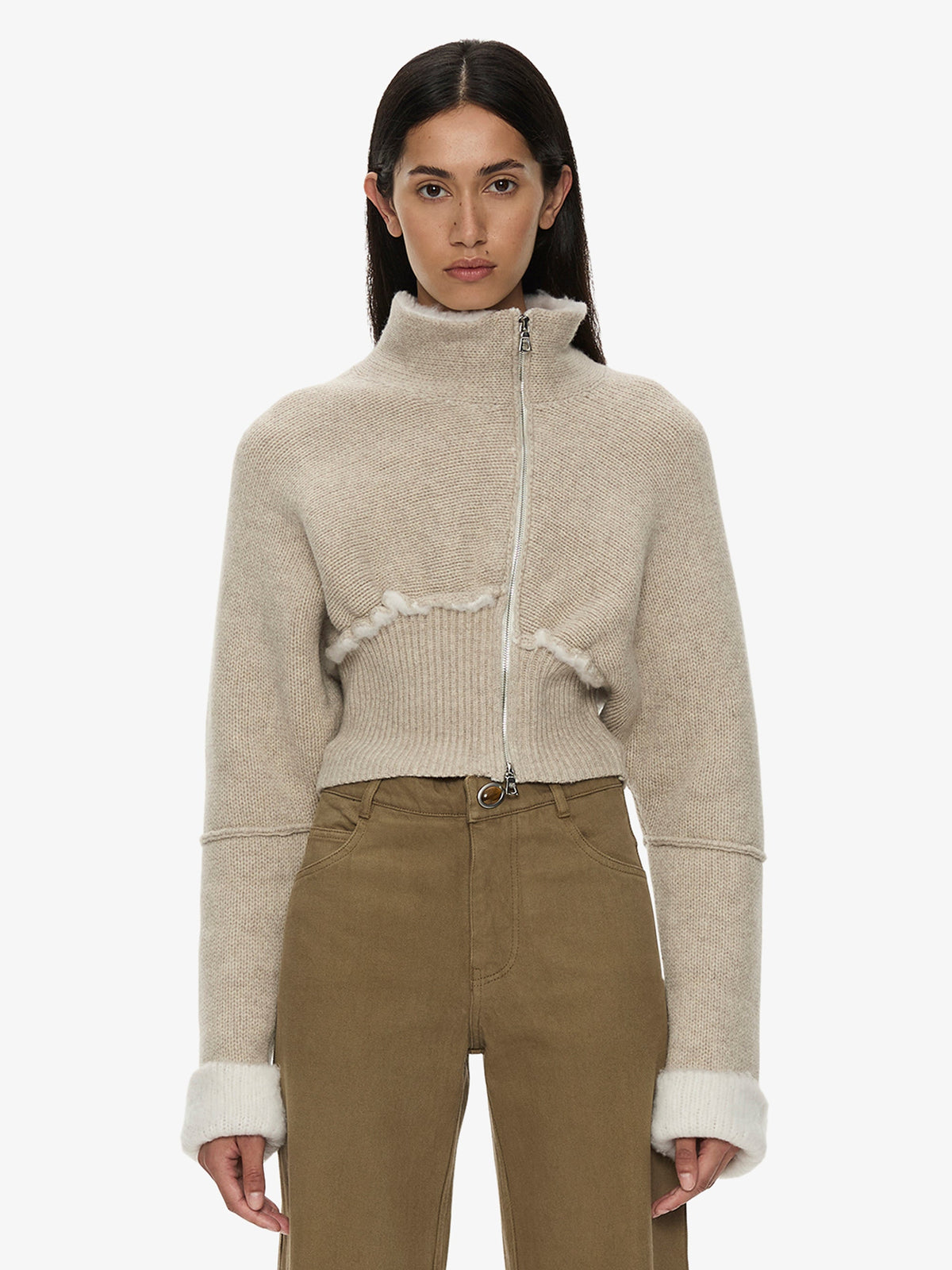 Image of a model wearing Outerwear. Product name - Isolde Double Knit Jacket in White colour by brand - CHRISTOPHER ESBER