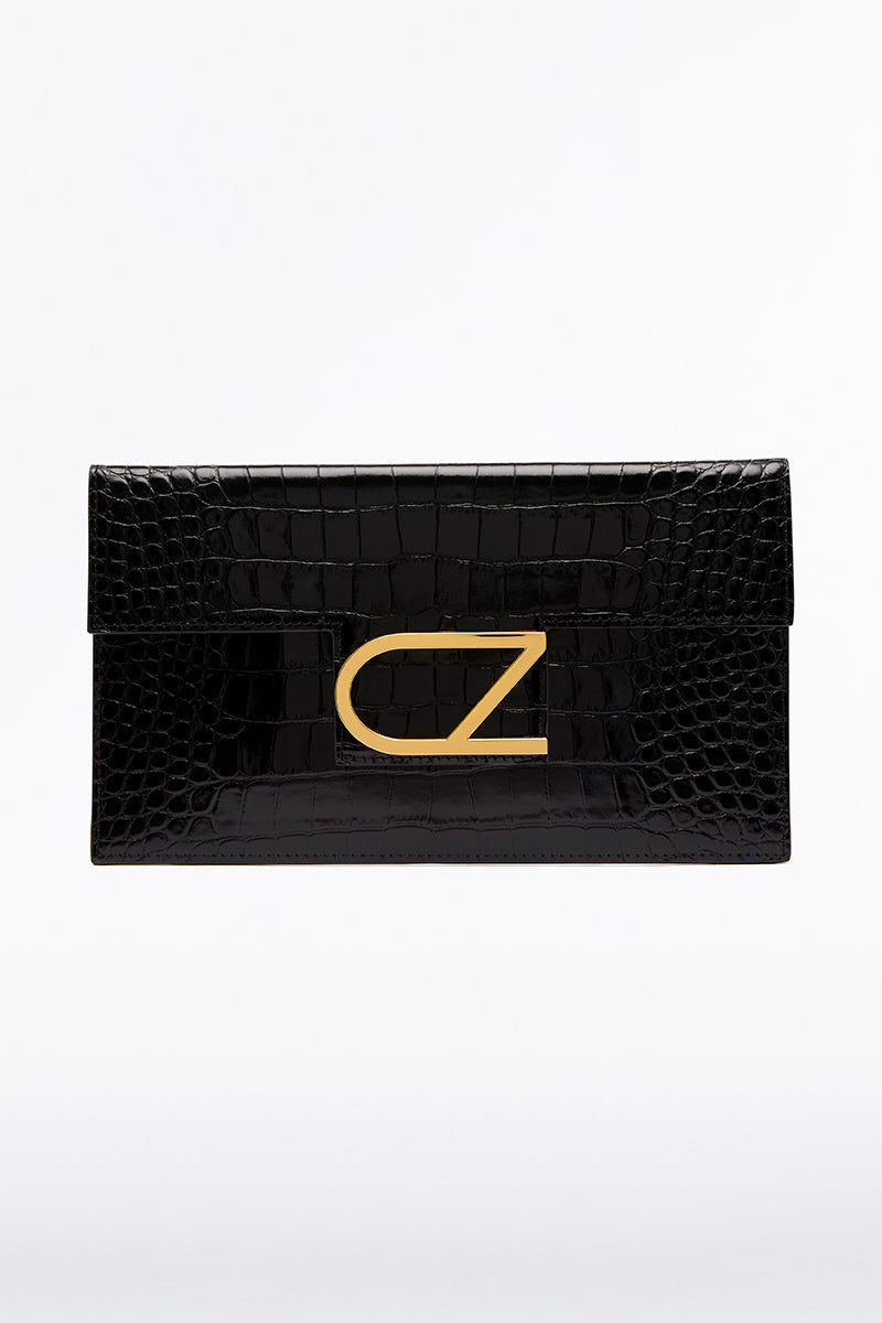 Image of Bags. Product name - Black Cz Lettera Envelope Clutch in Black Croc colour by brand - Carla Zampatti