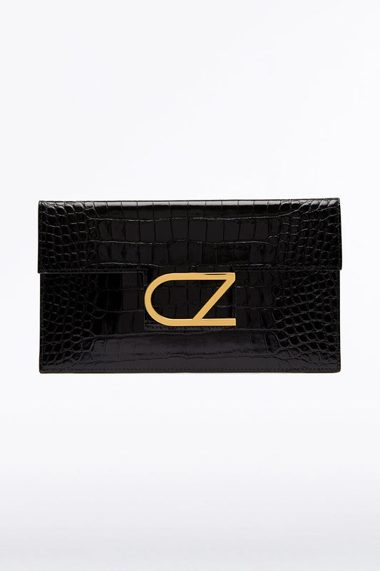 Image of Bags. Product name - Black Cz Lettera Envelope Clutch in Black Croc colour by brand - Carla Zampatti