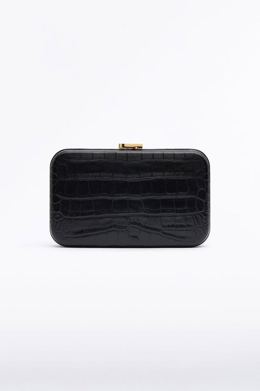 Image of Bags. Product name - Black Croc Cz Cubo Clutch in Black colour by brand - Carla Zampatti