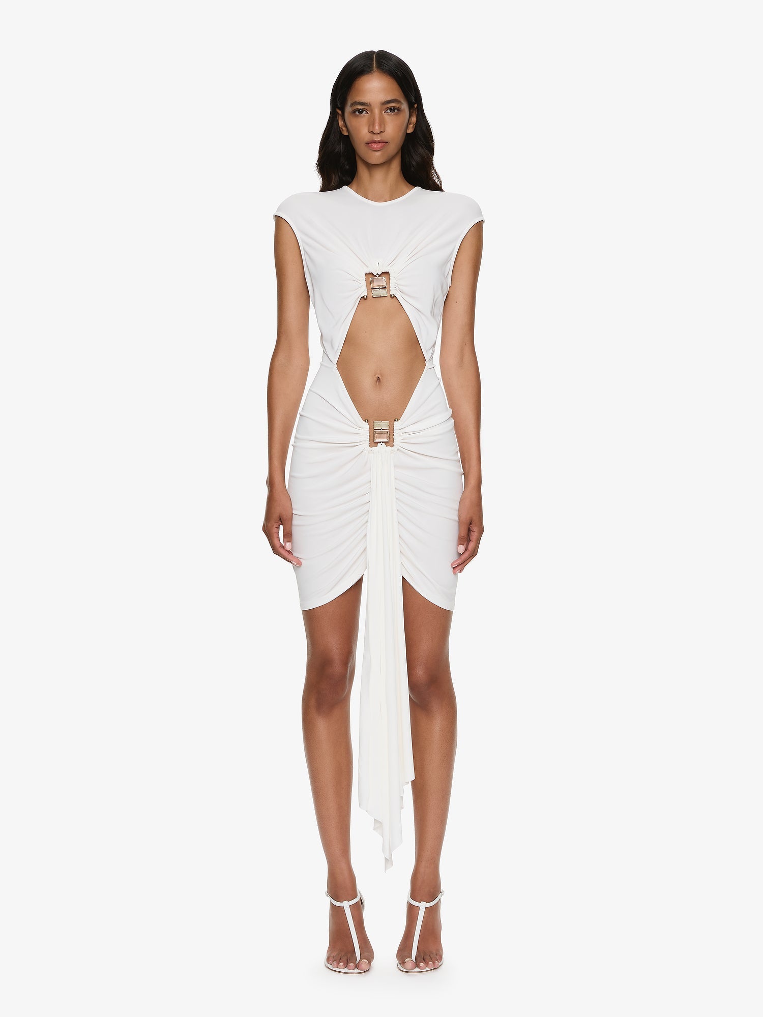 Image of Dresses. Productname: CHRISTOPHER ESBER Bezel Quartz Disconnect Short Sleeve Mini Dress in White colour by brand - CHRISTOPHER ESBER