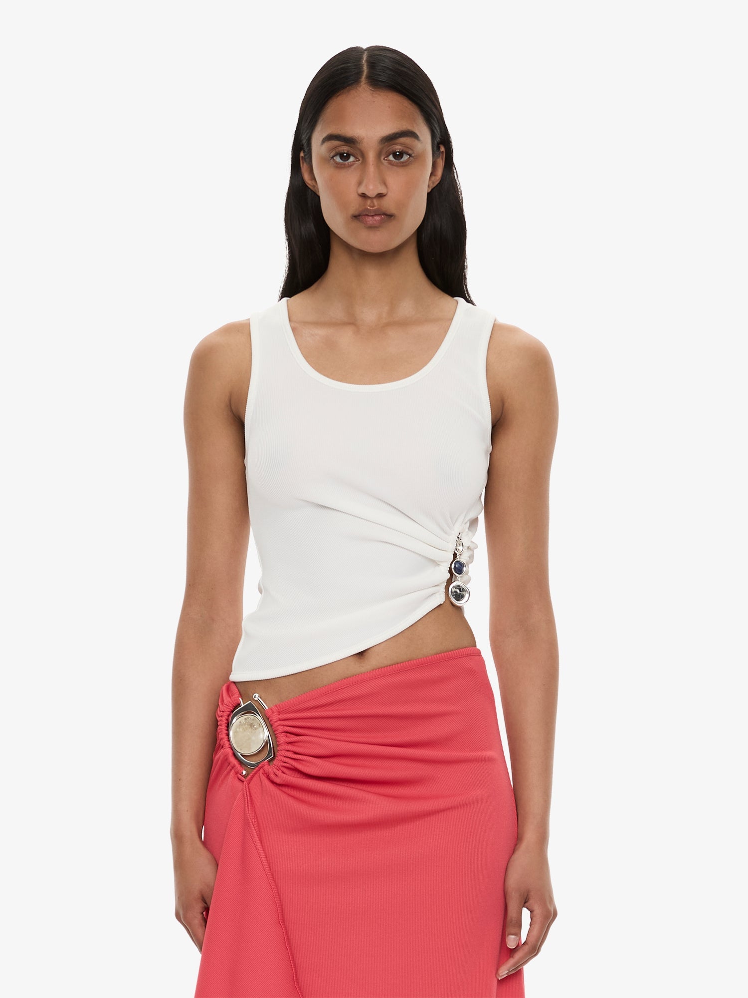 Image of a model wearing Tops. Product name - Droplet Crystal Ruched Tank in White colour by brand - CHRISTOPHER ESBER