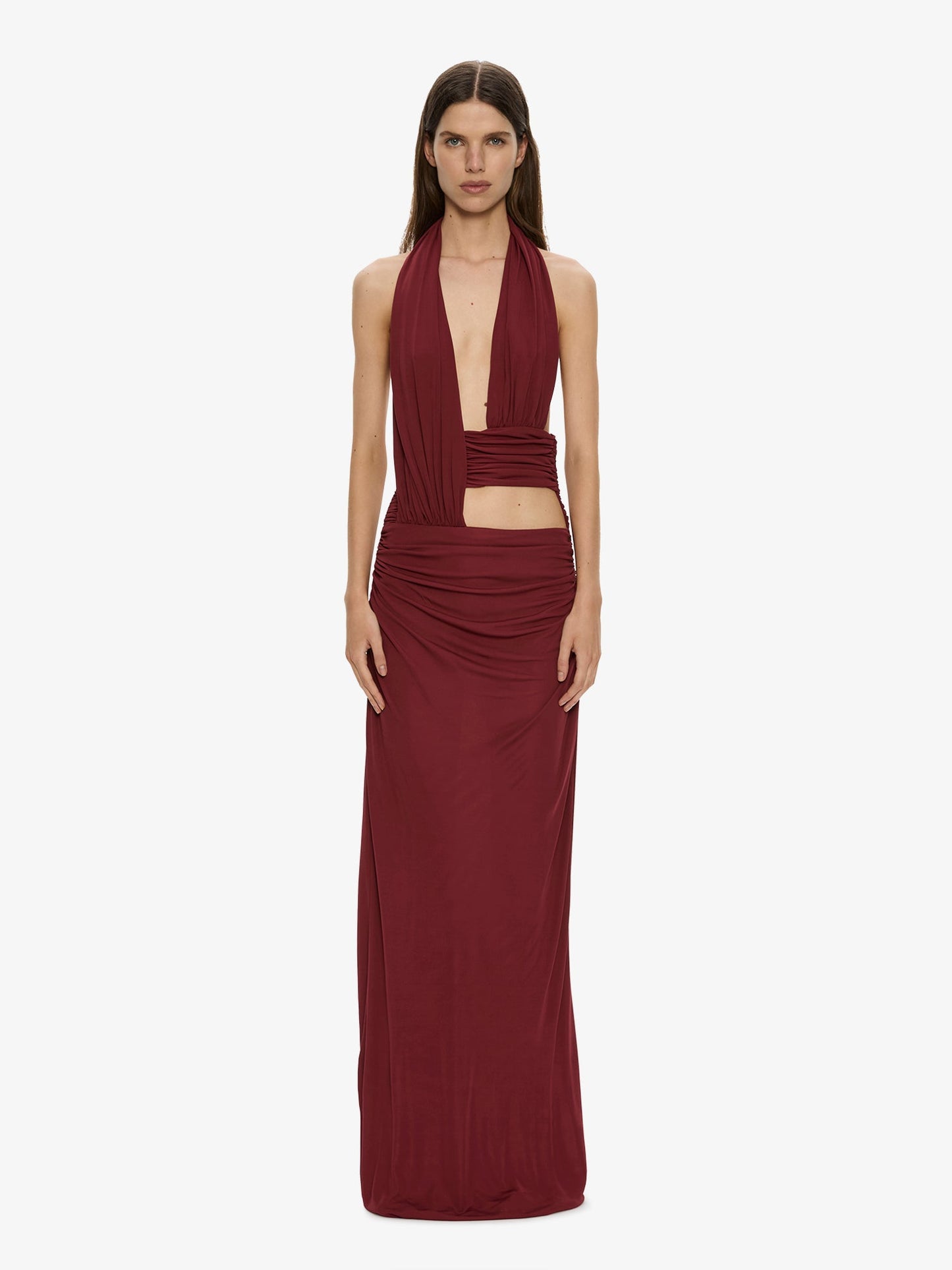 Image of Dresses. Product name - Draped Cummerbund Jersey Dress in Wine colour by brand - CHRISTOPHER ESBER
