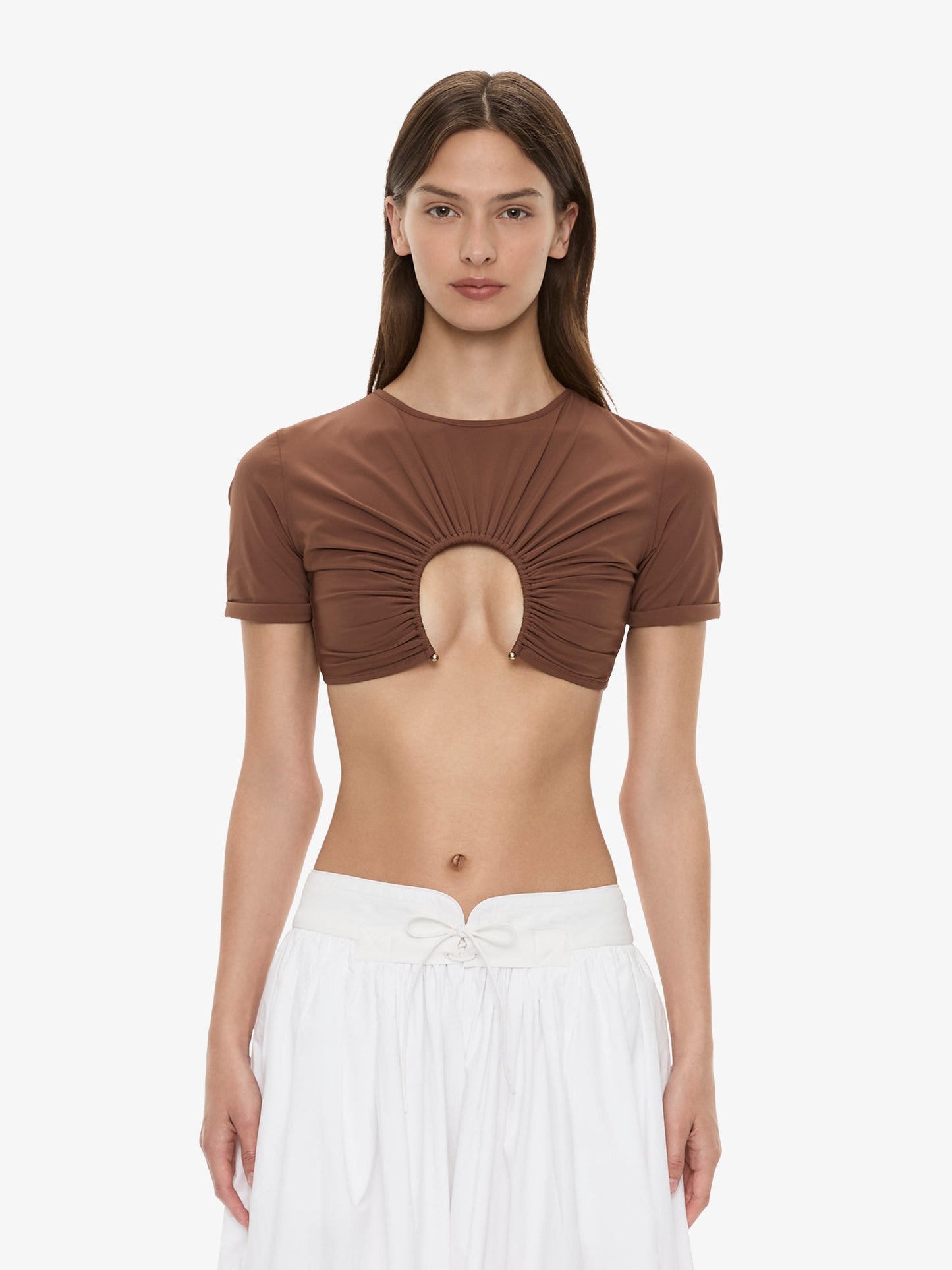 Image of Swimwear. Product name - U Prong Tee in Brown colour by brand - CHRISTOPHER ESBER
