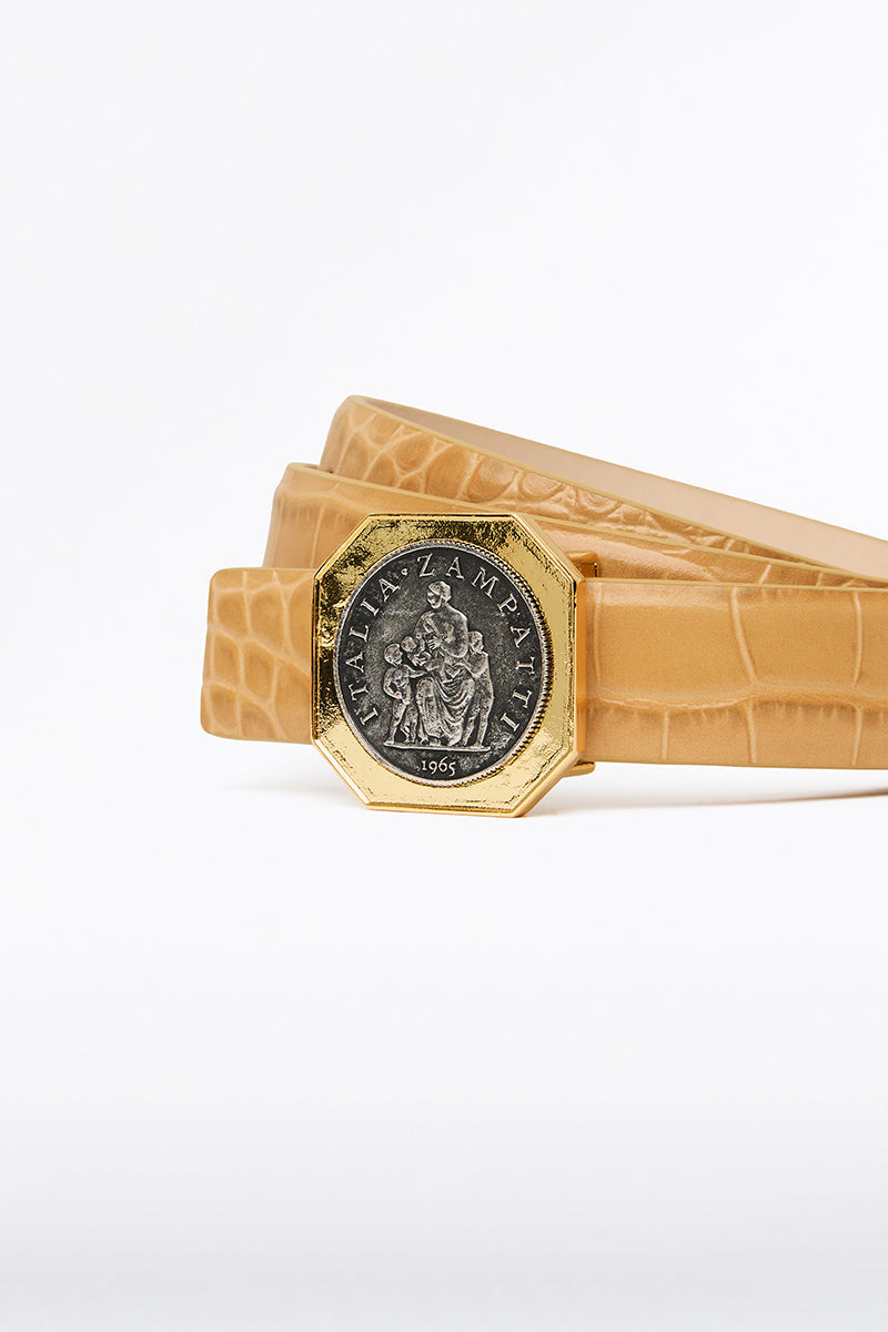 Image of Belts. Product name - Tan Croc Octagonal Coin Belt in Print colour by brand - Carla Zampatti