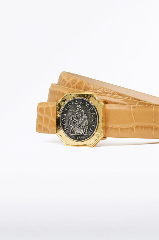 Image of Belts. Product name - Tan Croc Octagonal Coin Belt in Print colour by brand - Carla Zampatti