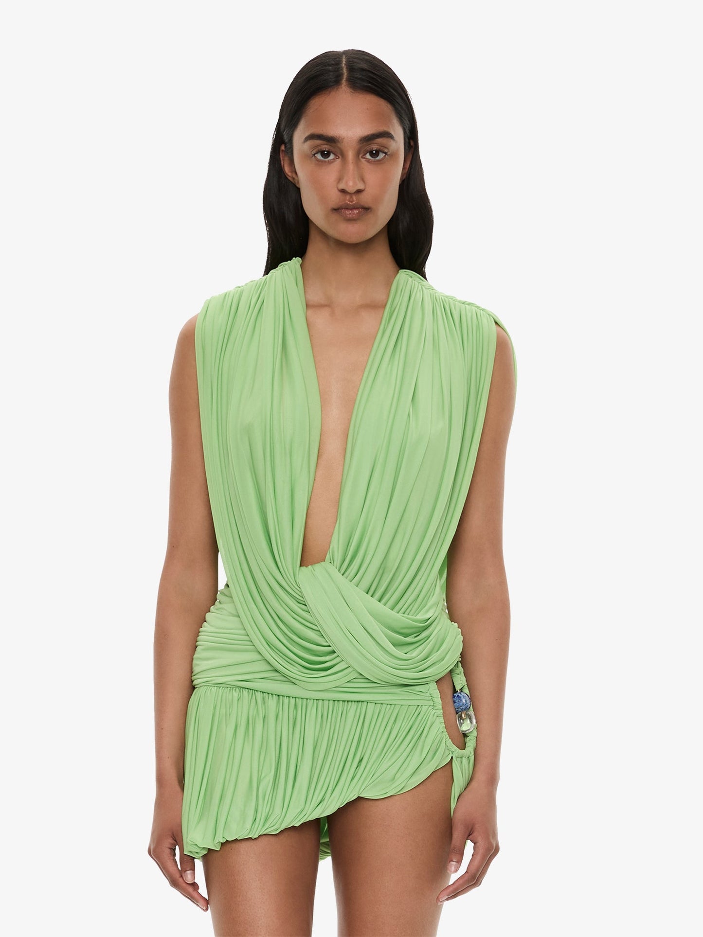 Image of a model wearing Tops. Product name - Ripple Drape Top in Aloe colour by brand - CHRISTOPHER ESBER