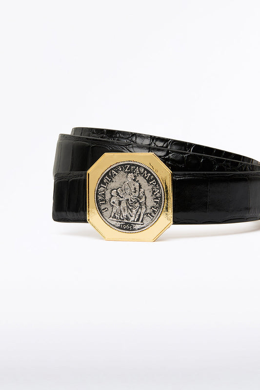 Image of Belts. Product name - Black Croc Octagonal Coin Belt in Print colour by brand - Carla Zampatti