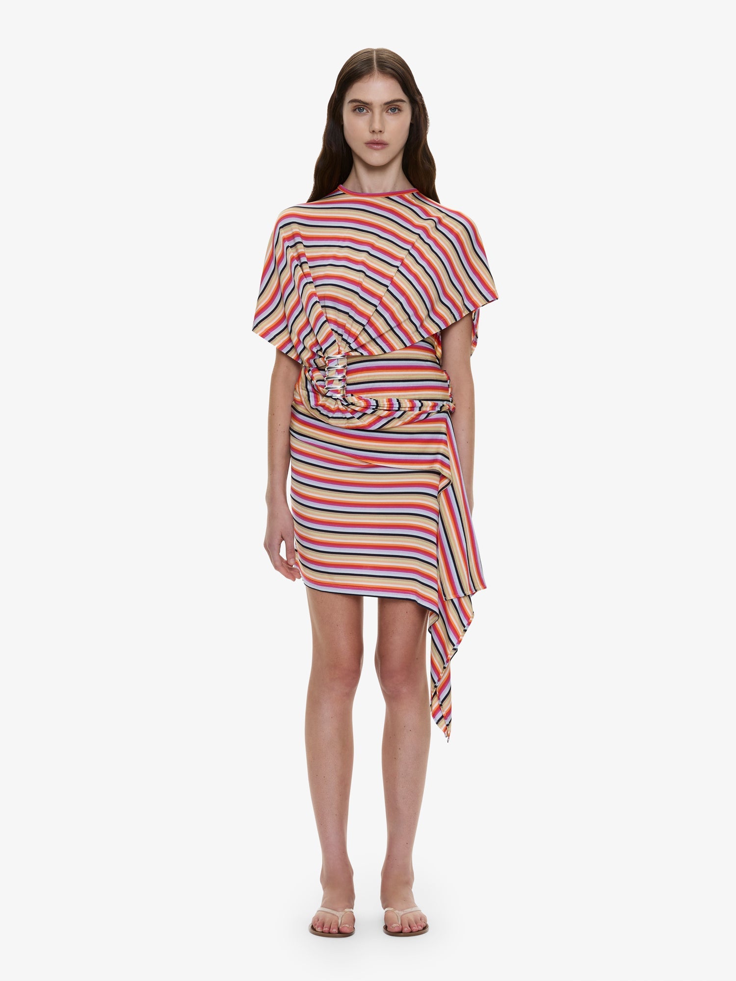 Image of a model wearing Skirts. Product name - Calypso Floating Jersey Mini Skirt in Stripe colour by brand - CHRISTOPHER ESBER