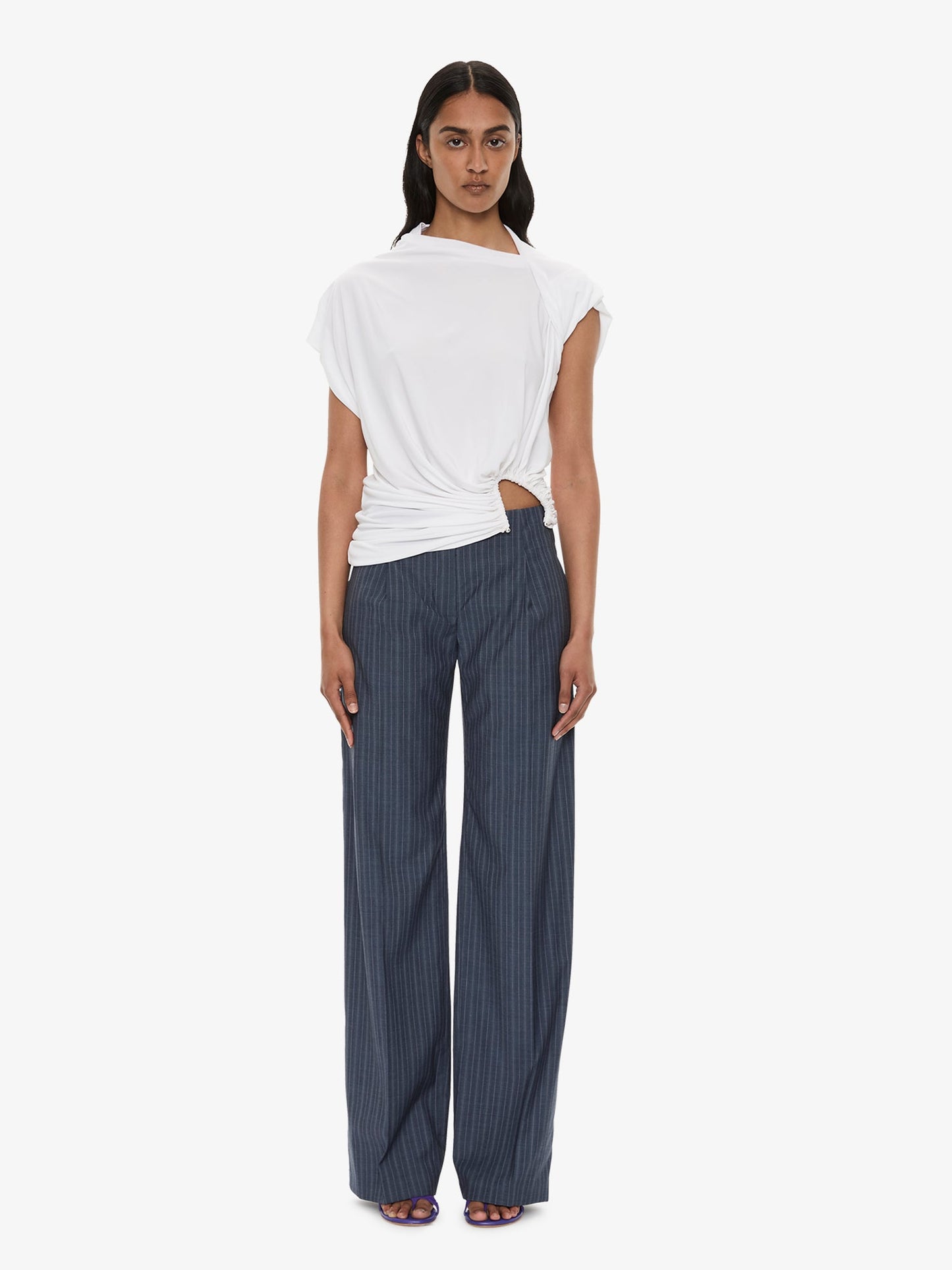 Image of a model wearing Pants. Product name - Redux Pinstripe Trouser in Trouser colour by brand - CHRISTOPHER ESBER