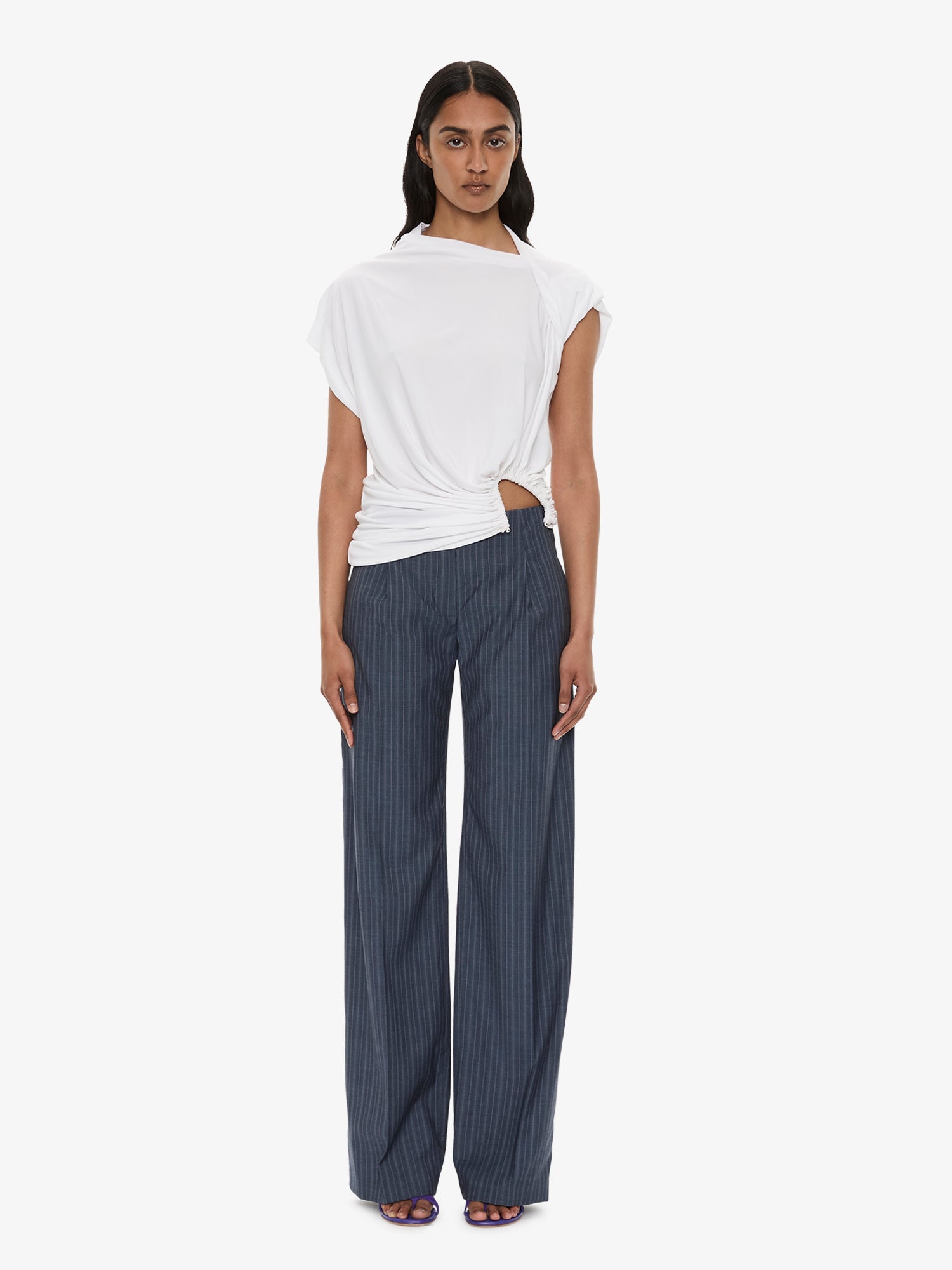Image of a model wearing Pants. Product name - Redux Pinstripe Trouser in Trouser colour by brand - CHRISTOPHER ESBER