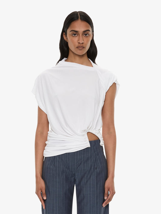 Image of a model wearing Tops. Product name - Manto Jersey Tee in White colour by brand - CHRISTOPHER ESBER
