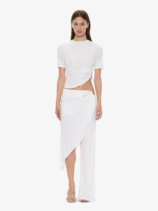 Image of a model wearing Pants. Product name - Crystal Cable Chain Draped Skirt Trouser in Trouser colour by brand - CHRISTOPHER ESBER