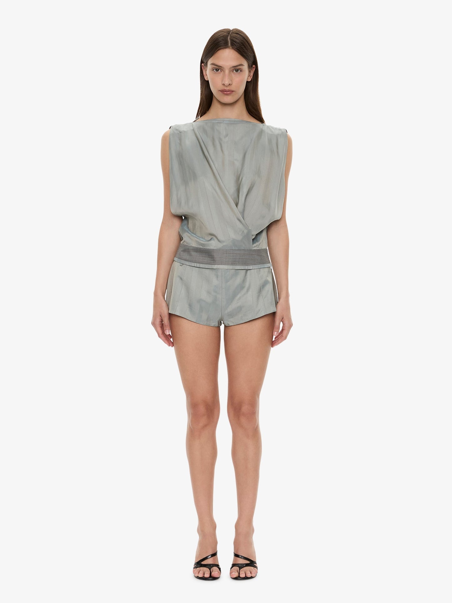 Image of a model wearing Pants. Product name - Vestige Tailored Short in Slate colour by brand - CHRISTOPHER ESBER