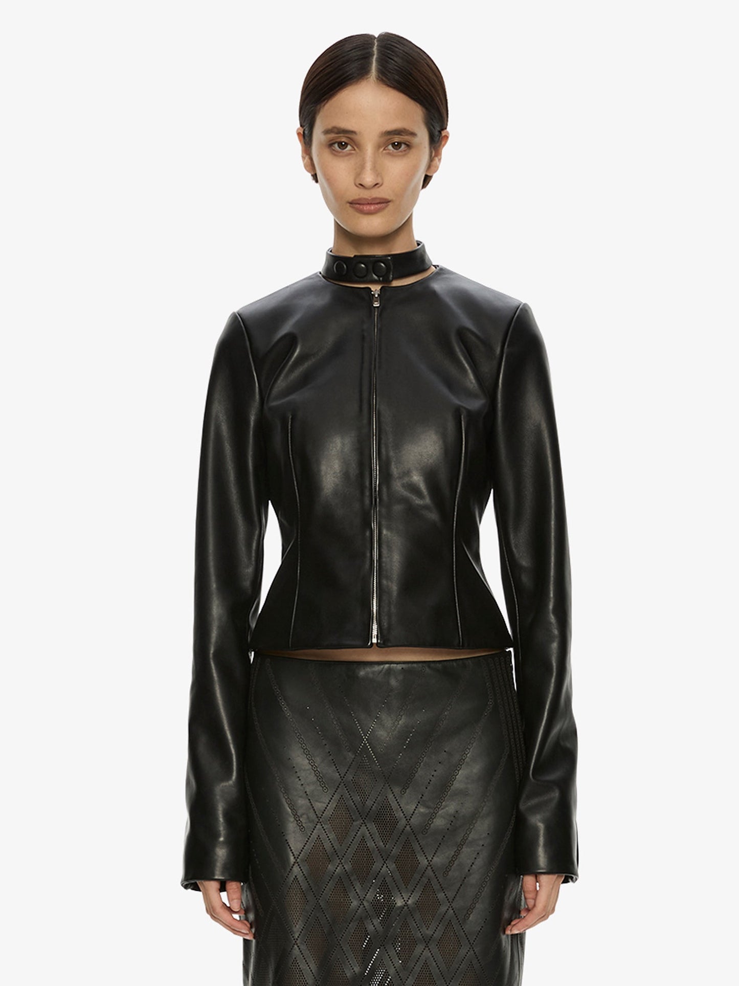 Image of a model wearing Outerwear. Product name - Richie Leather Jacket in Black colour by brand - CHRISTOPHER ESBER