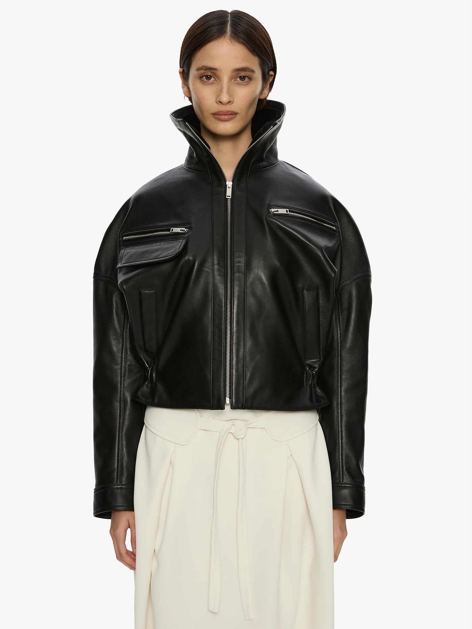 Image of a model wearing Outerwear. Product name - Atlas Leather Jacket in Black colour by brand - CHRISTOPHER ESBER