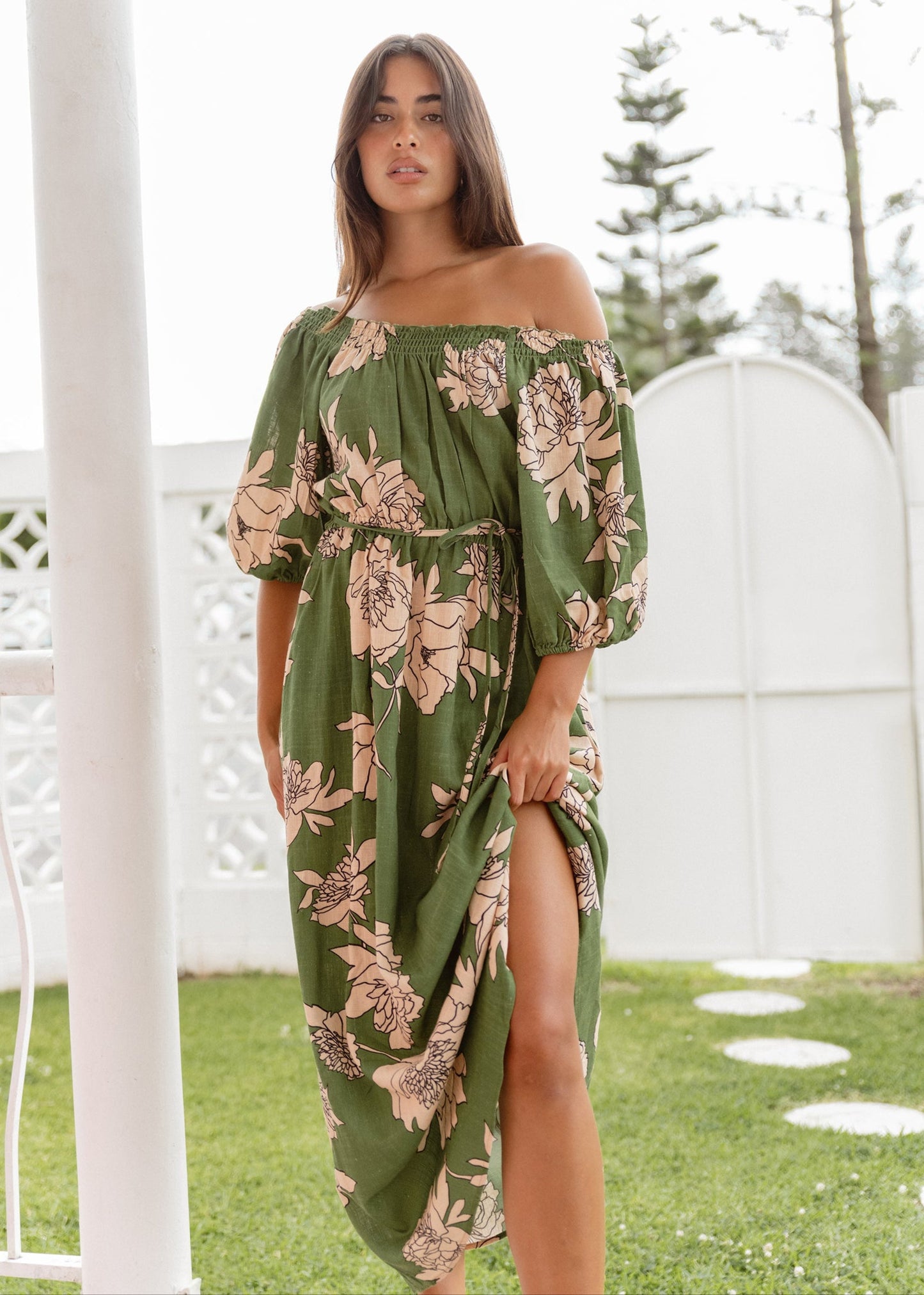 Image of Dresses. Product name - Antonie Off Shoulder Dress Moonflower in Moonflower colour by brand - Sass Clothing