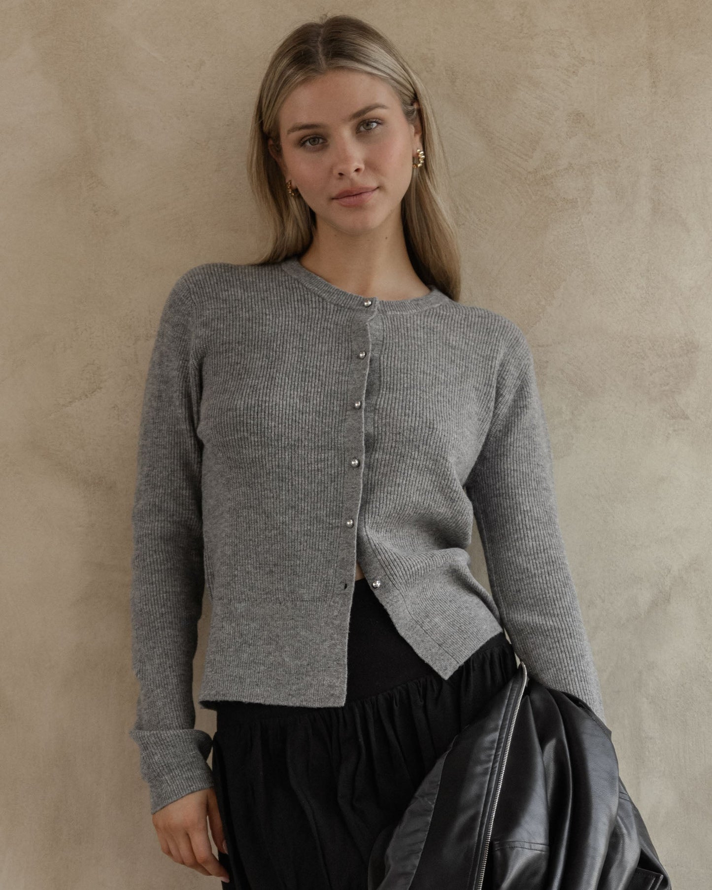 Image of a model wearing Tops. Product name - Jagger Cardi Grey Marle in Grey Marle colour by brand - Sass Clothing