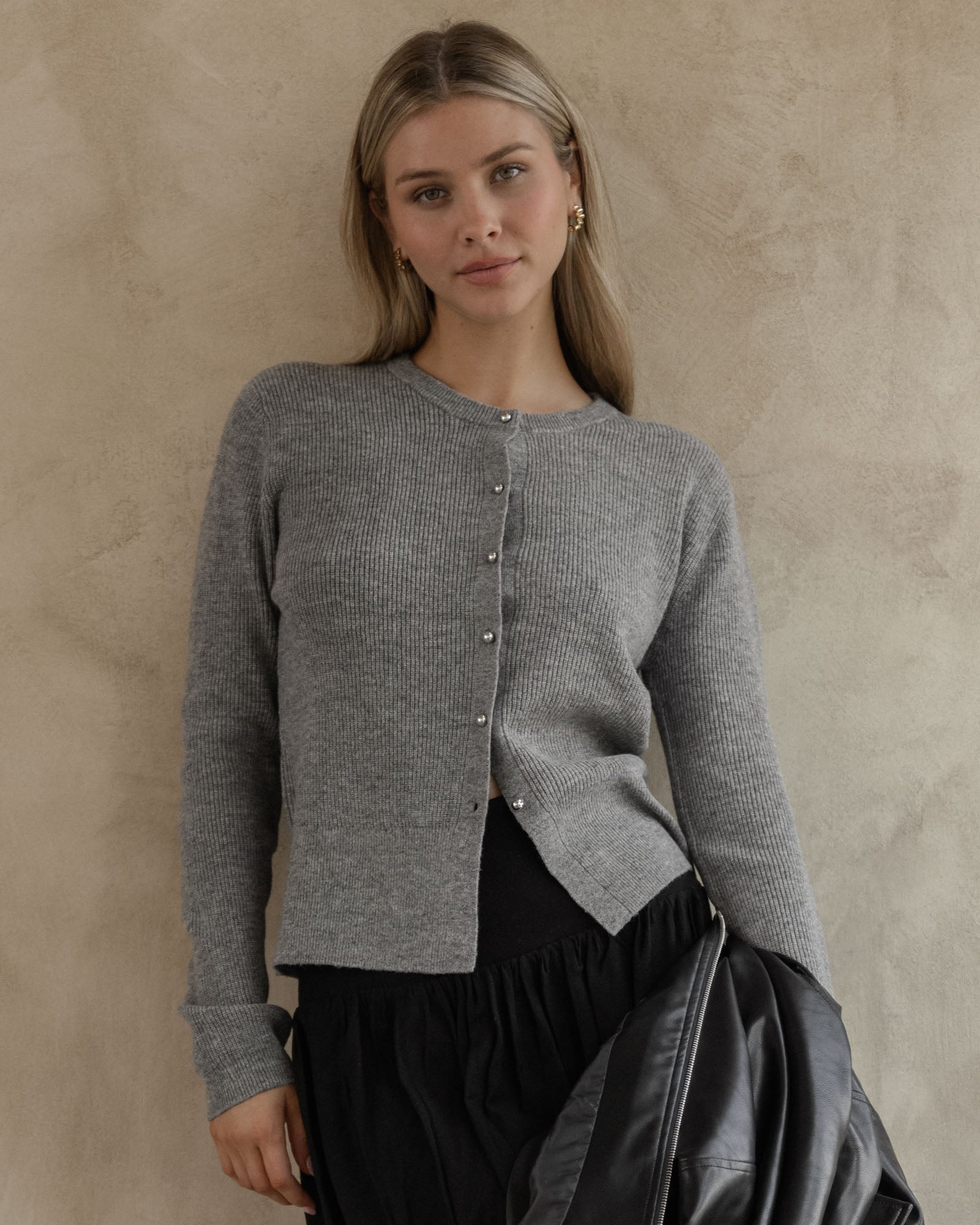 Image of a model wearing Tops. Product name - Jagger Cardi Grey Marle in Grey Marle colour by brand - Sass Clothing