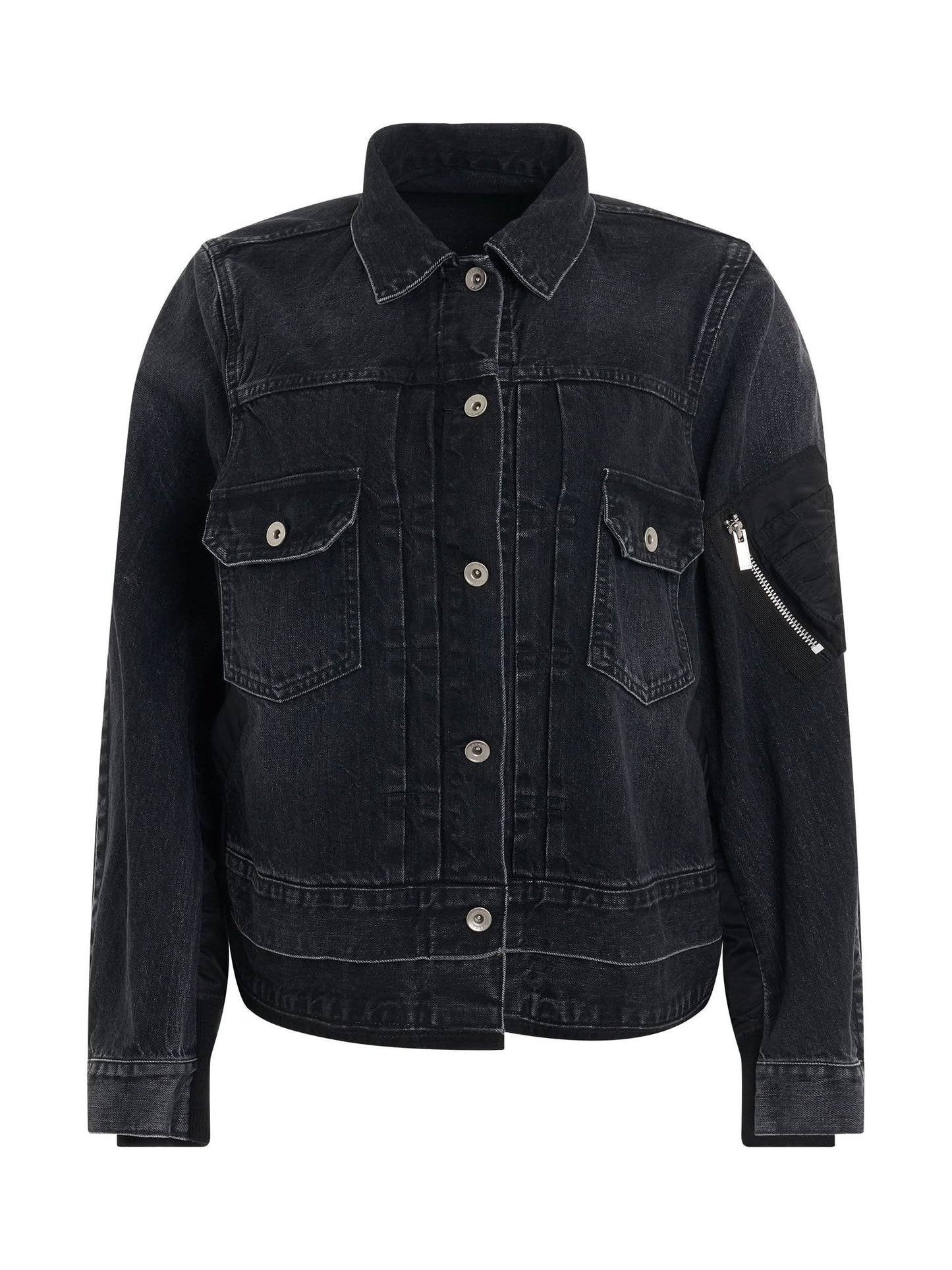 Image of a model wearing Denim. Productname: SACAI Denim & Nylon Twill Jacket in Black colour by brand - SACAI