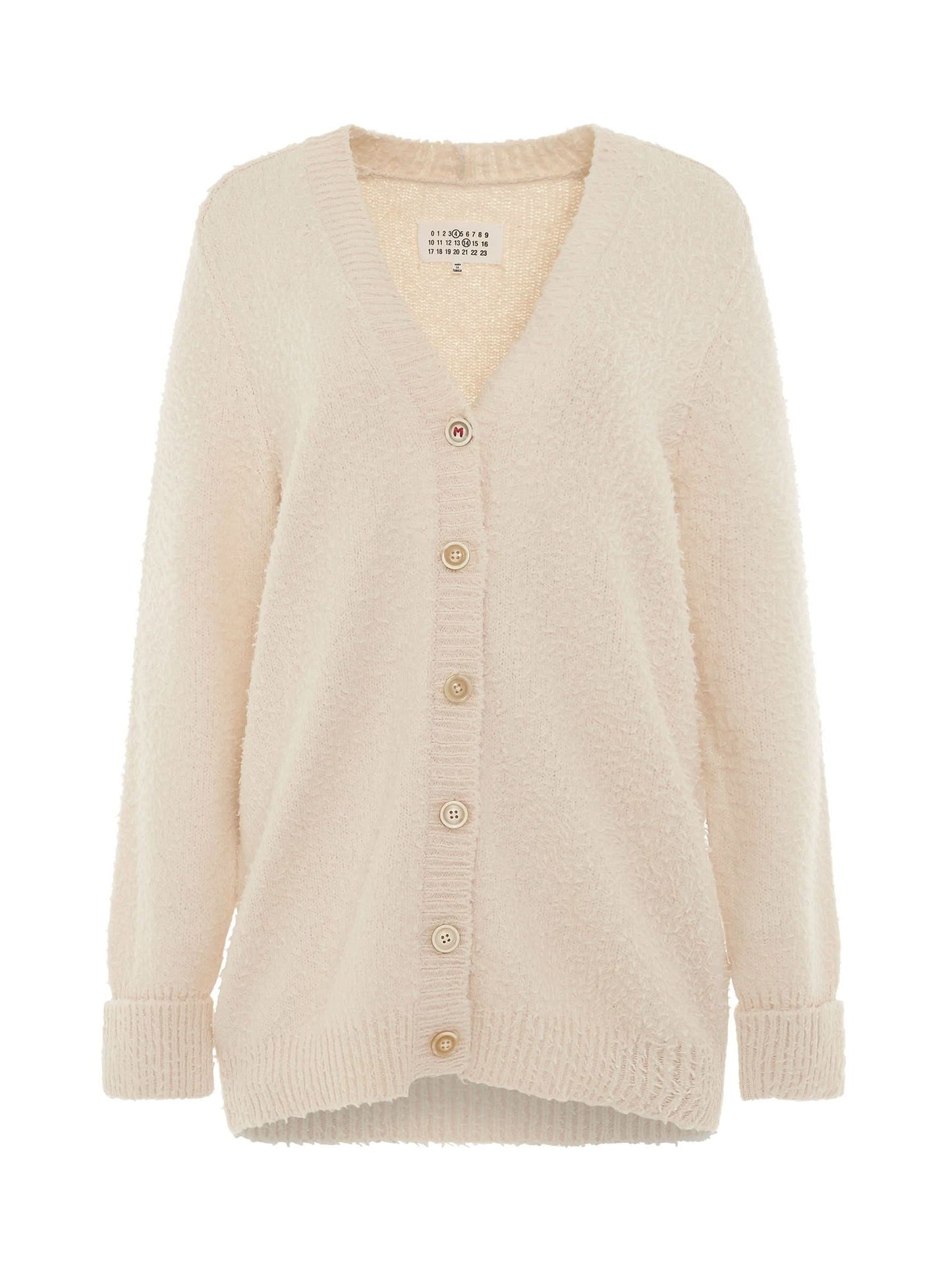Image of a model wearing Outerwear. Productname: MAISON MARGIELA Oversized Piled Knit Cardigan in Off-White colour by brand - MAISON MARGIELA