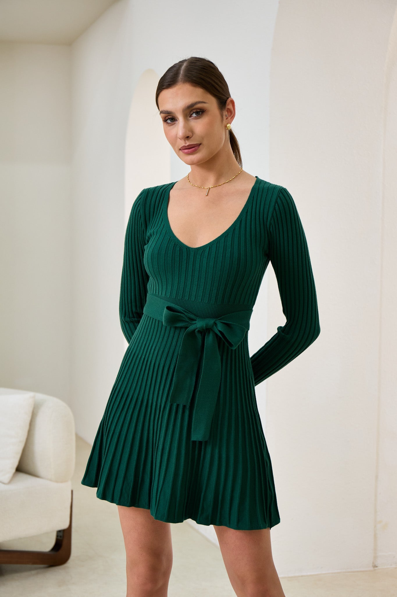 Heychic Cina Pleated Knit Mini Dress (Green)