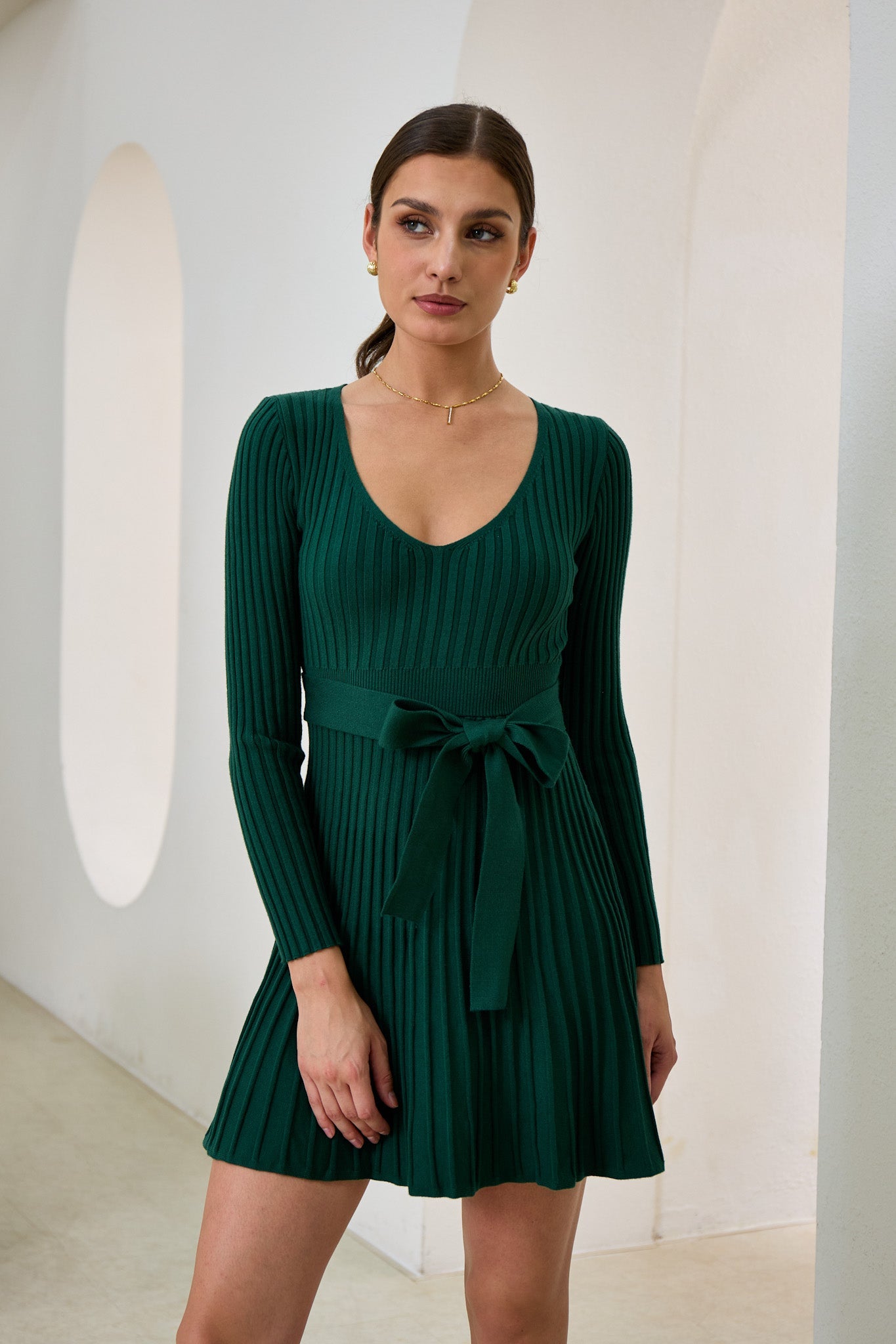 Heychic Cina Pleated Knit Mini Dress (Green)
