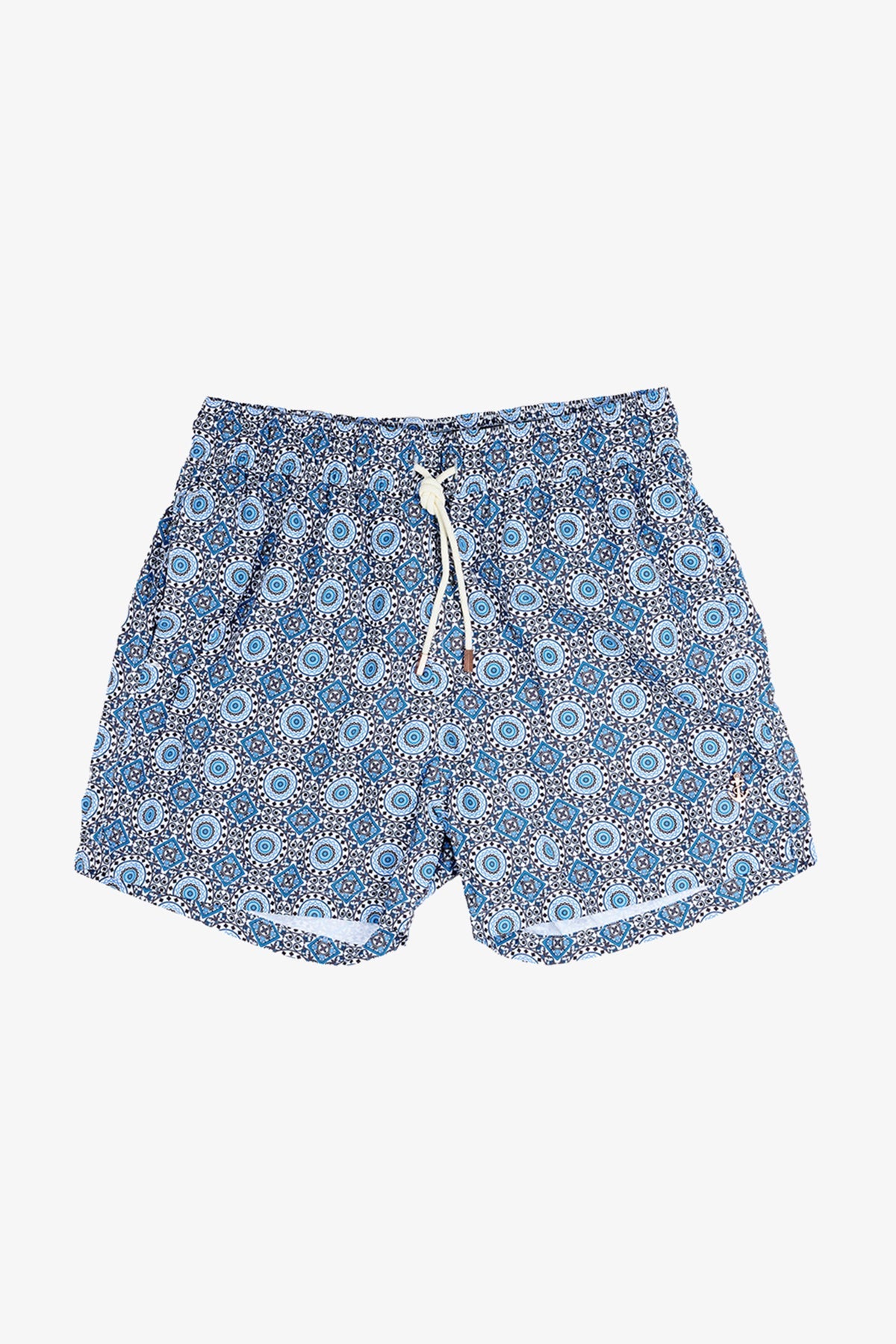Image of a model wearing Shorts. Product name - Eufemia Blue Mediterranean Swim Shorts in Blue colour by brand - Anthony Squires