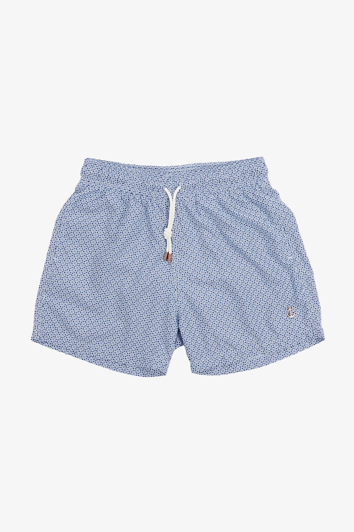 Image of a model wearing Shorts. Product name - Eufemia Blue Geometric Swim Shorts in Blue colour by brand - Anthony Squires