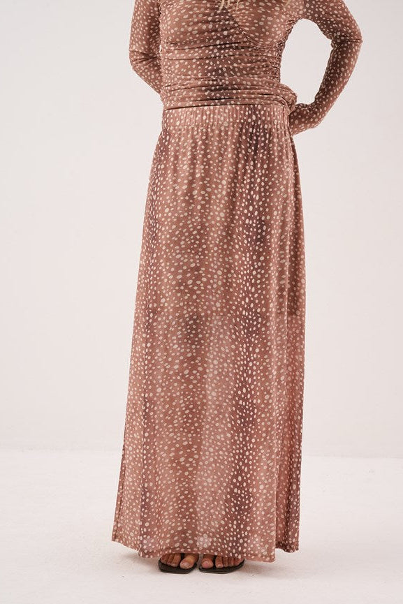 Image of a model wearing Skirts. Product name - Allegra Mesh Skirt Deer Print in Deer Print colour by brand - Sass Clothing
